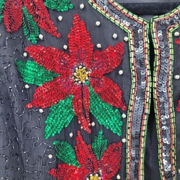 Vtg 80s Black Silk Red Poinsettia Beaded Jacket Cardigan Sz S Christmas Holiday - Picture 5 of 10